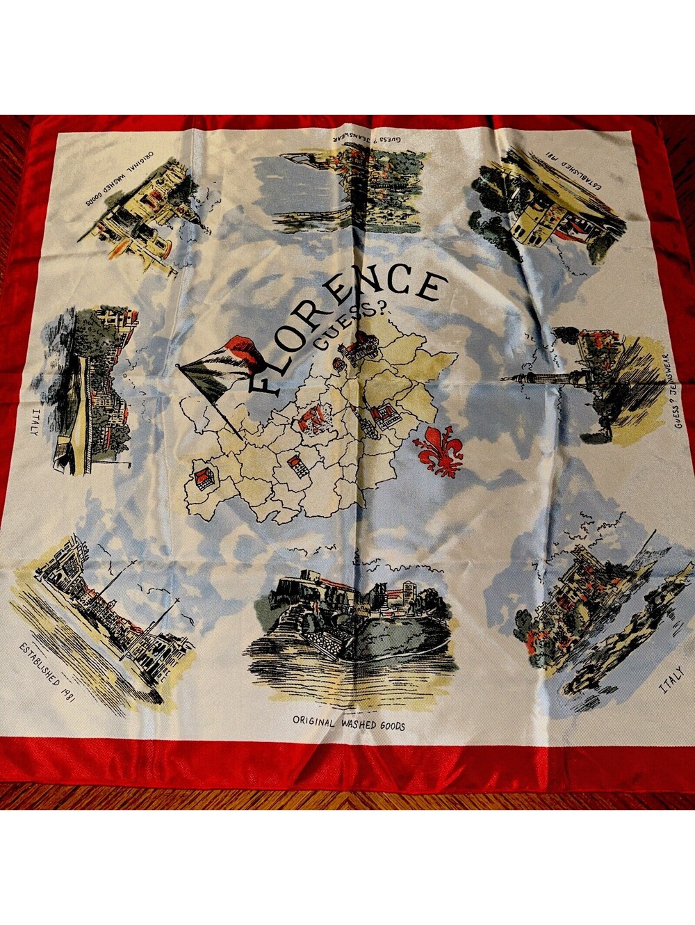 Vintage 1981 Guess Jeans Polyester Neck Scarf, Florence Italy, Italian School